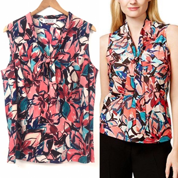 Kasper Tops - Kasper | Tie Front Sleeveless Top Abstract Floral